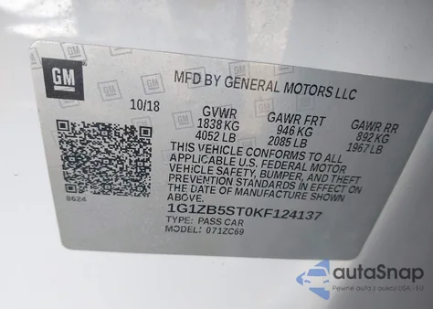 2019 Chevrolet Malibu 1Ls z USA, uszkodzony, nr VIN 1G1ZB5ST0KF124137